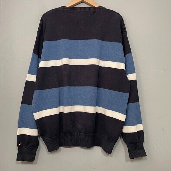 Tommy Hilfiger Mens Size Large Blue Striped Crew Sweater Preppy Sporty 90s Y2K - Picture 5 of 7